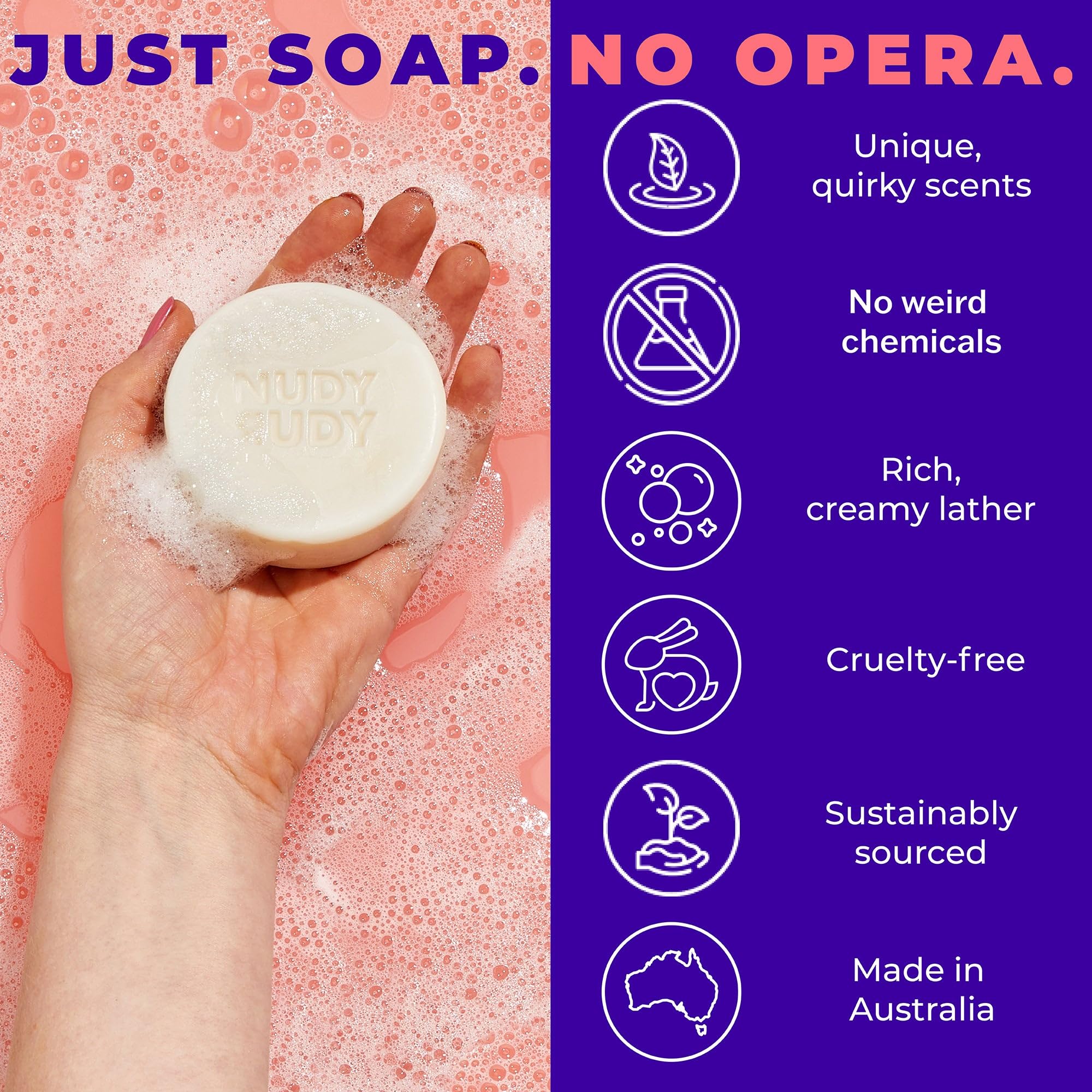 Nudy Rudy Goat Milk Soap with organic shea butter for soothing lather.