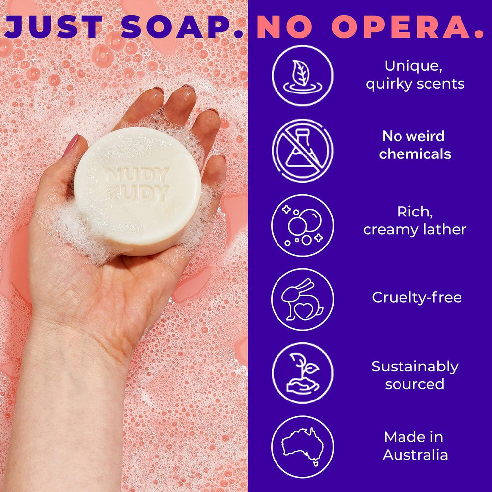Nudy Rudy Goat Milk Soap with organic shea butter for soothing lather.