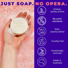 Nudy Rudy Goat Milk Soap with organic shea butter for soothing lather.