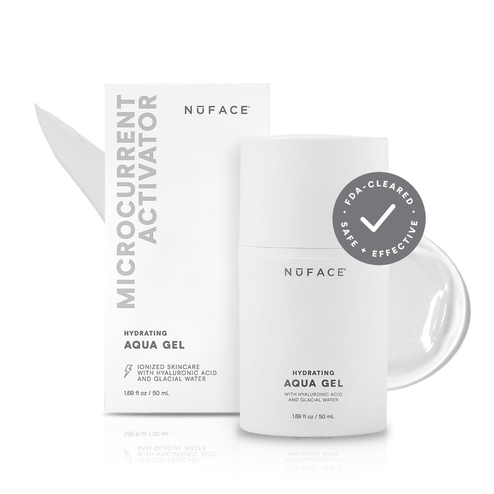 NuFACE Aqua Gel Activator bottle front with IonPlex formula for hydrated skin.