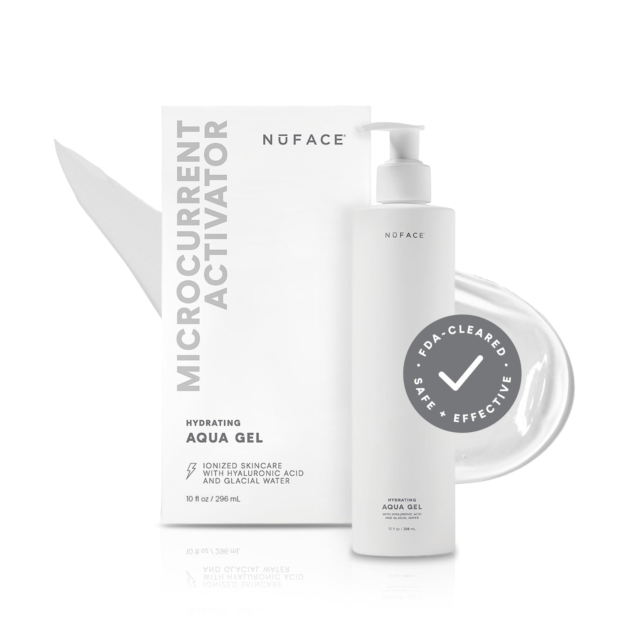NuFACE Aqua Gel Activator bottle showing hydrating microcurrent-ready formula for smoother skin.