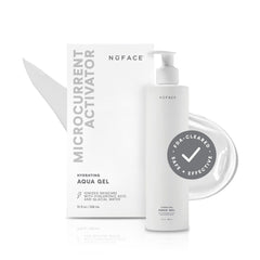 NuFACE Aqua Gel Activator bottle showing hydrating microcurrent-ready formula for smoother skin.