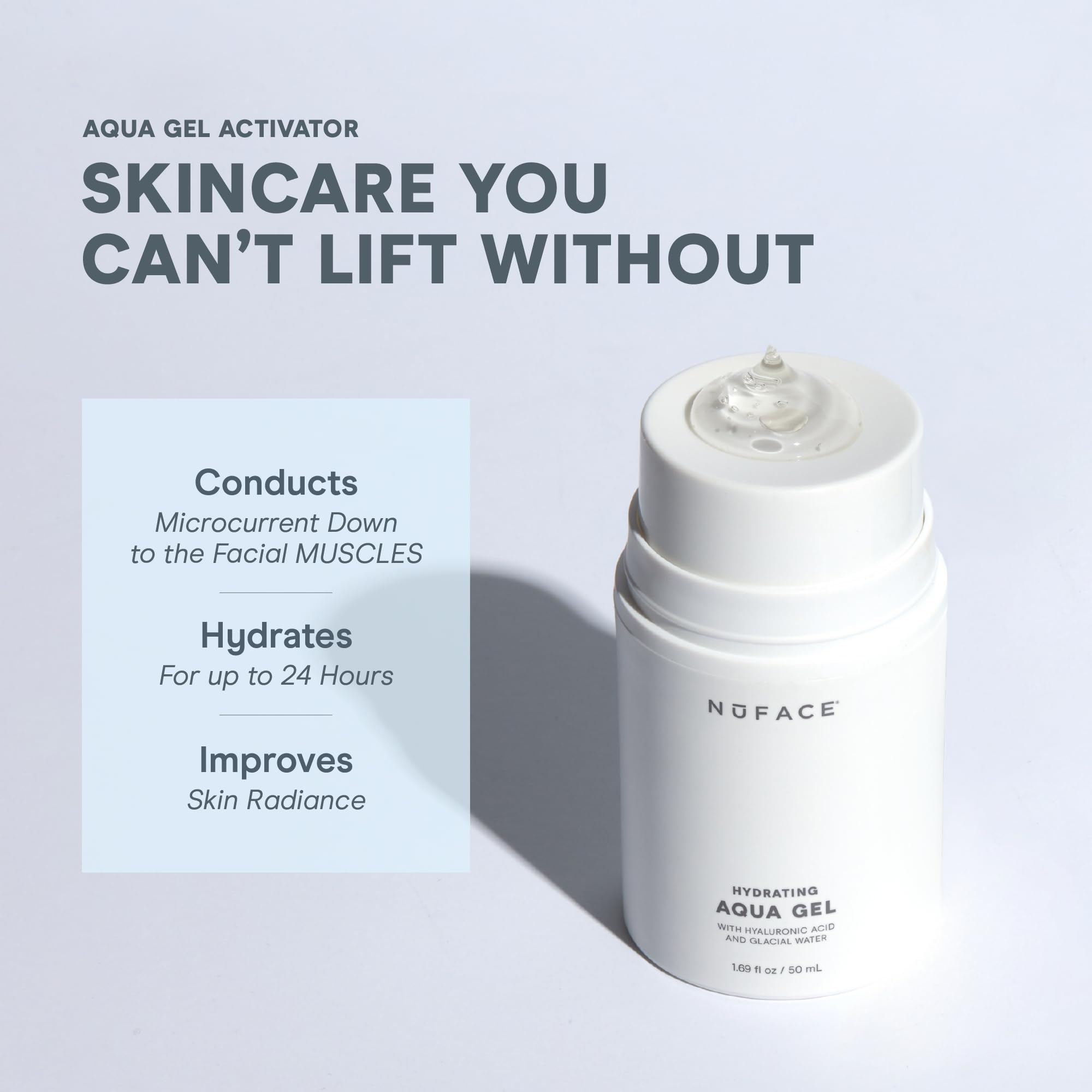 NuFACE Aqua Gel Activator label closeup highlighting conductivity features.