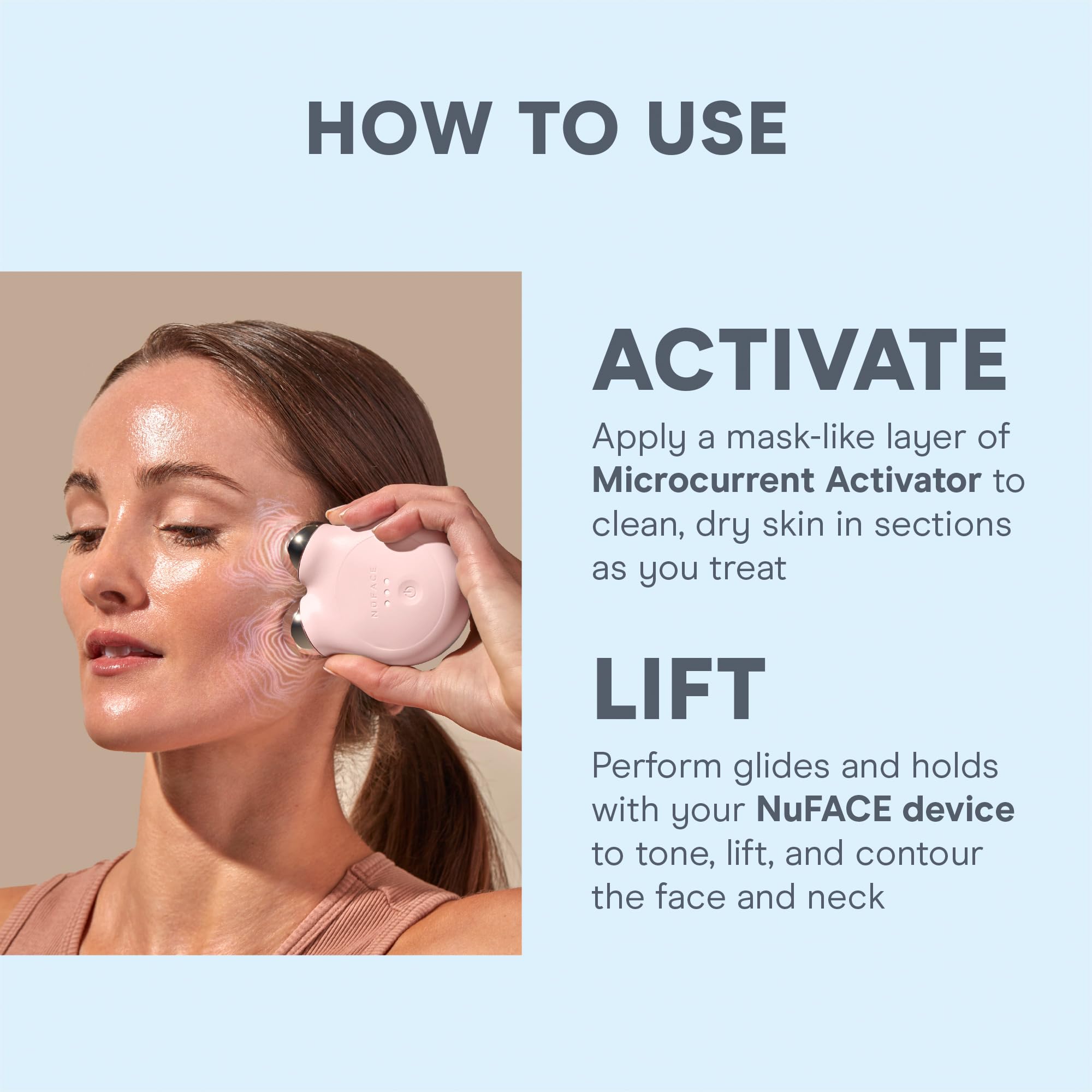 NuFACE Aqua Gel Activator shown with device during a facial session.