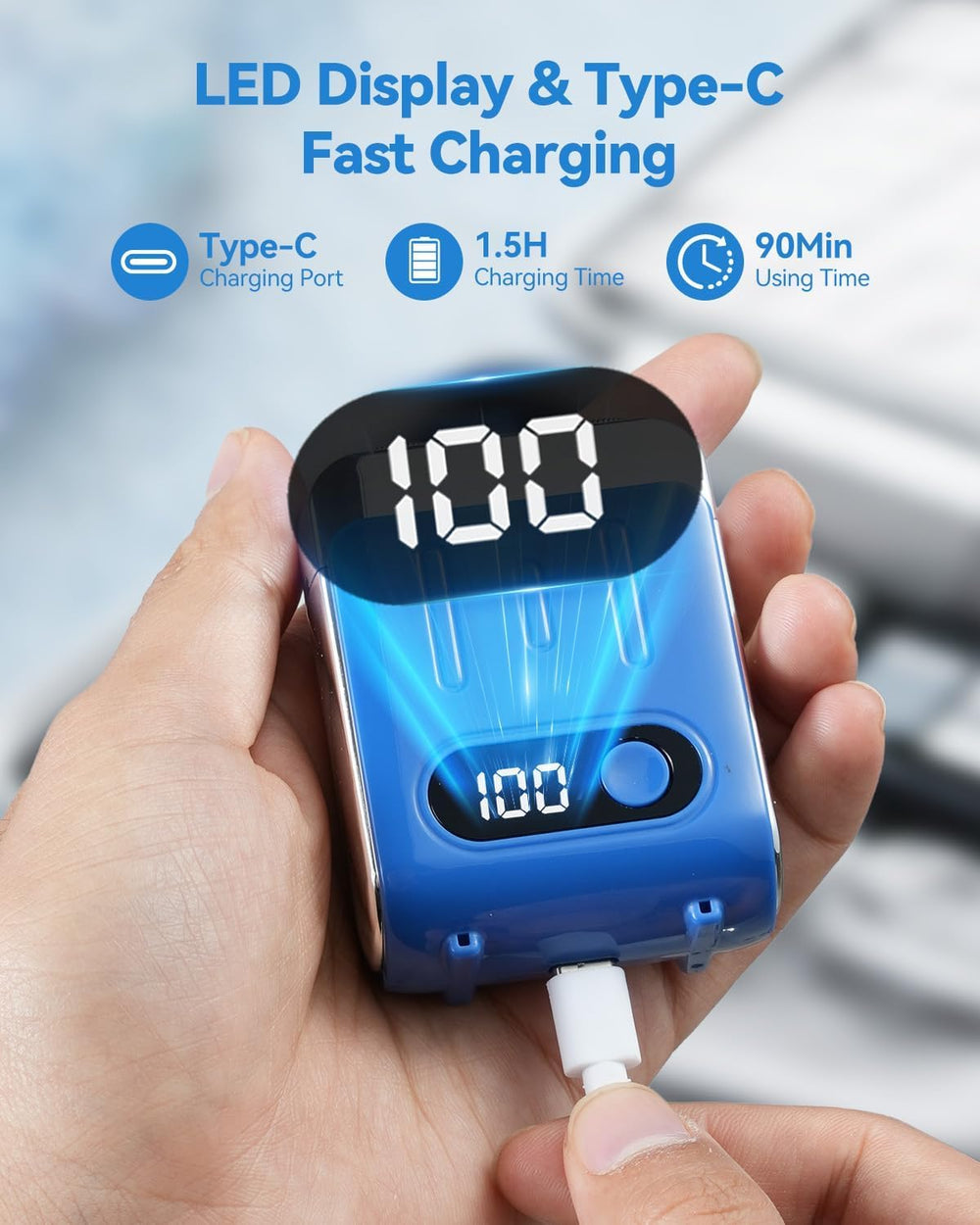 Nugxica LED display shows battery status with USB-C fast charging.