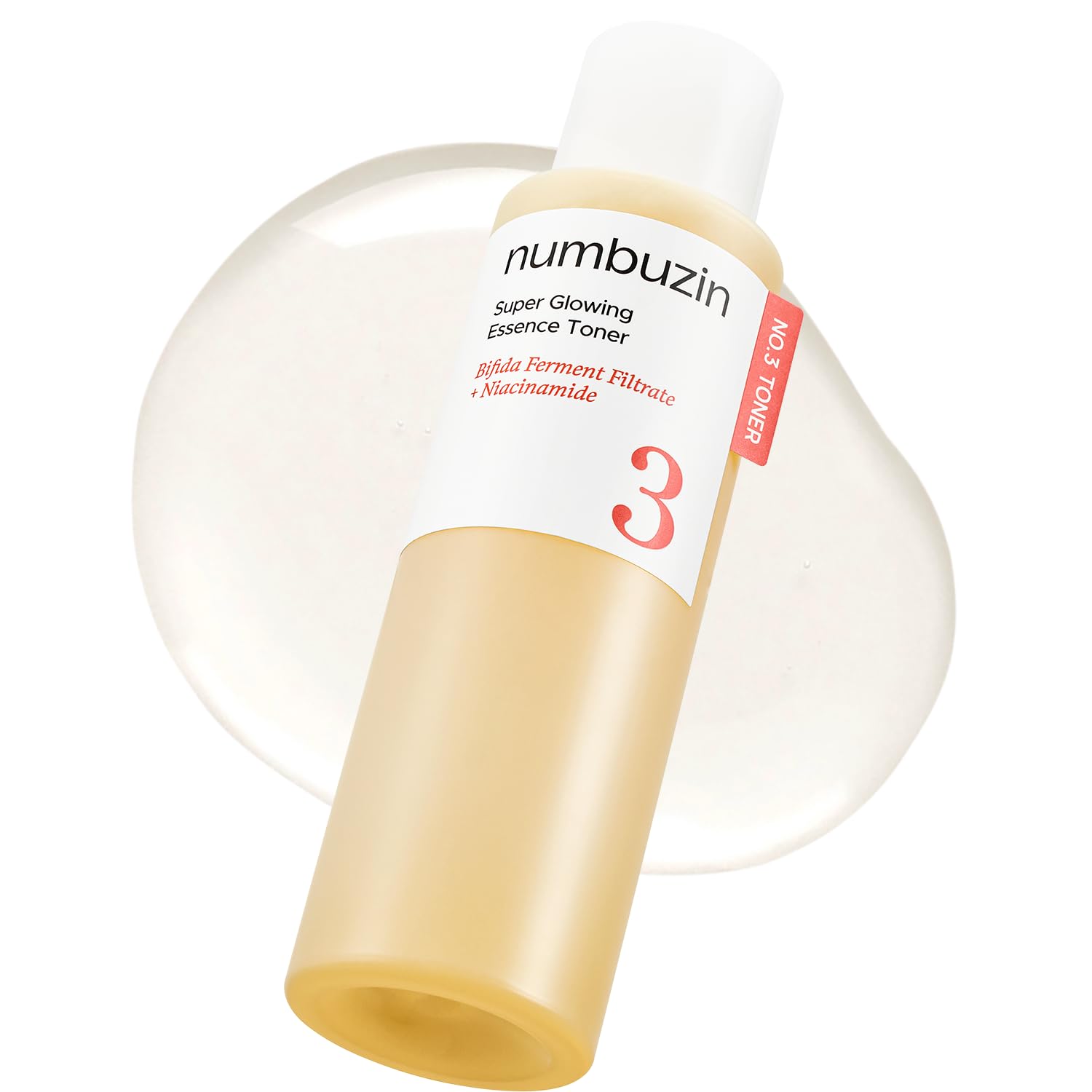 Numbuzin No.3 glowing toner bottle close-up for hydrated, radiant skin.