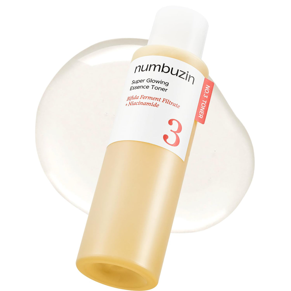 Numbuzin No.3 glowing toner bottle close-up for hydrated, radiant skin.