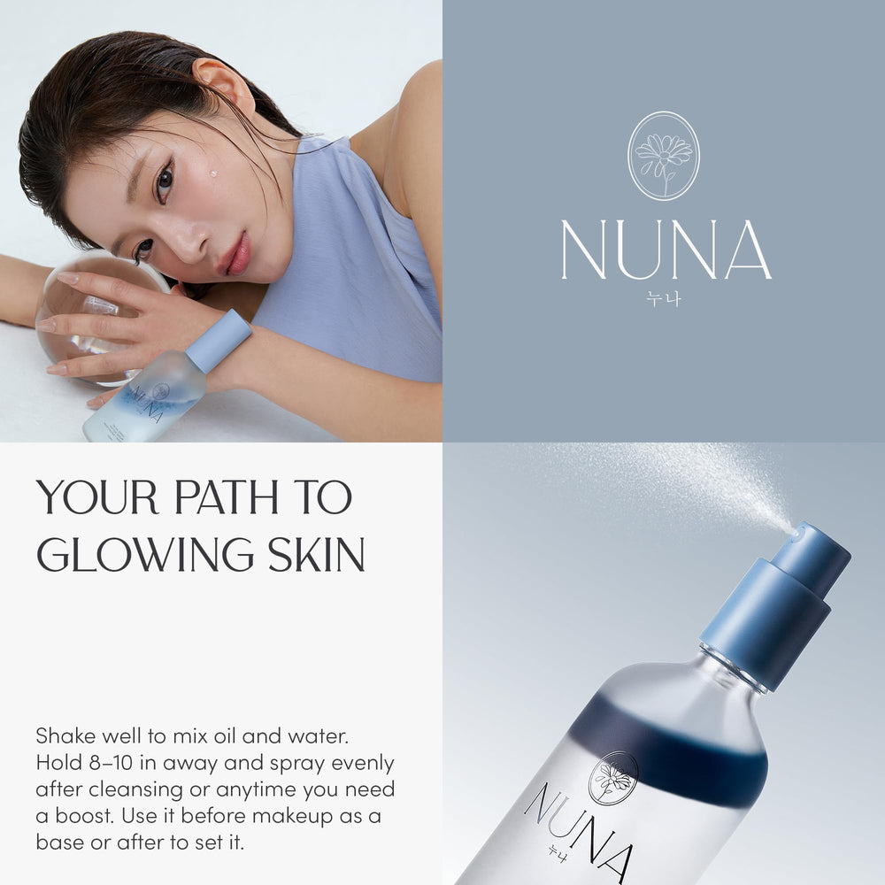 NUNA Niacinamide brightening mist helps even tone and refine texture.