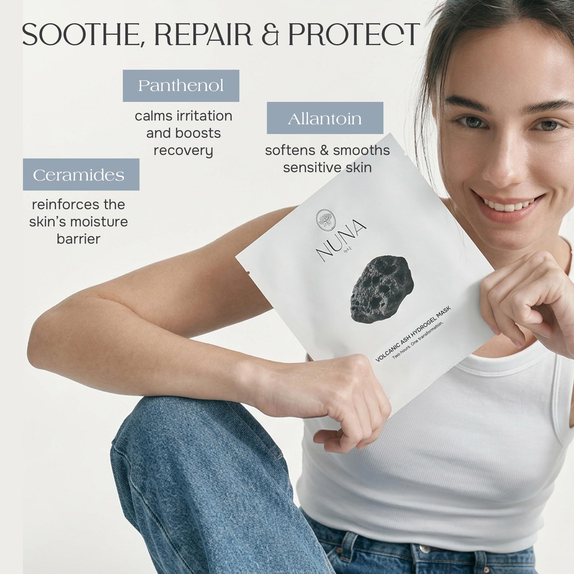 NUNA Volcanic Ash Hydrogel Mask ceramide barrier close-up for soothing support