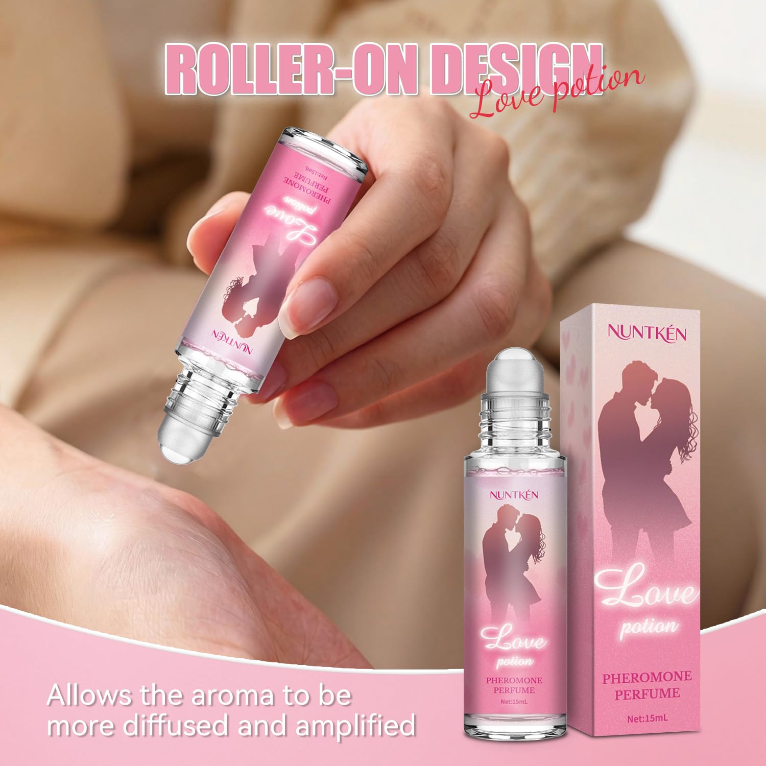 NUNTKEN Phero Perfume on a dressing table with soft lighting.
