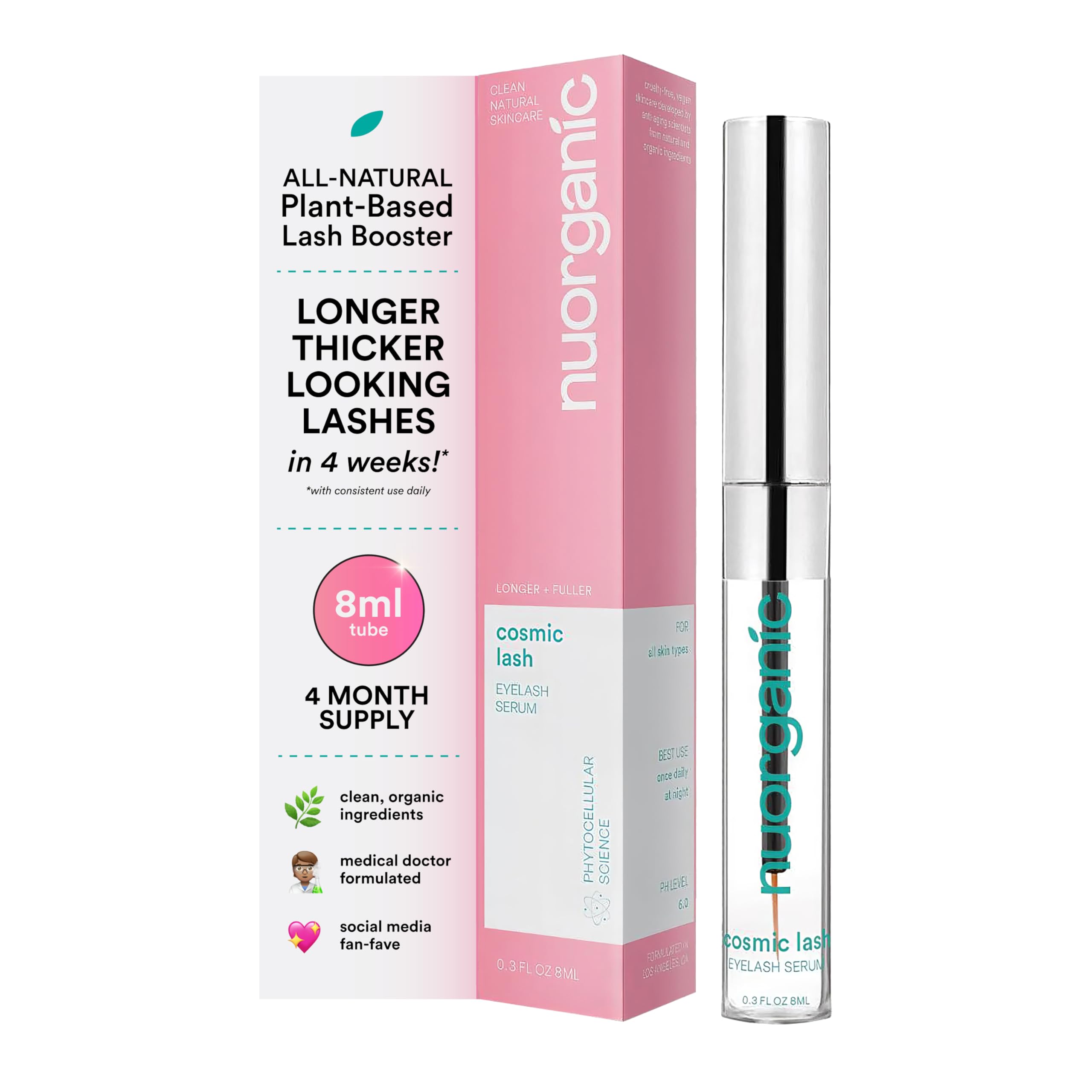 NuOrganic Cosmic Lash Serum bottle highlighting growth-promoting formula