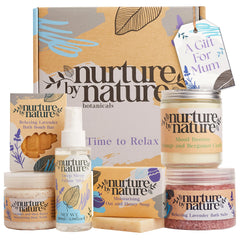 Nurture by Nature Botanicals self-care gift set box showcasing six spa items for a calming at-home retreat.