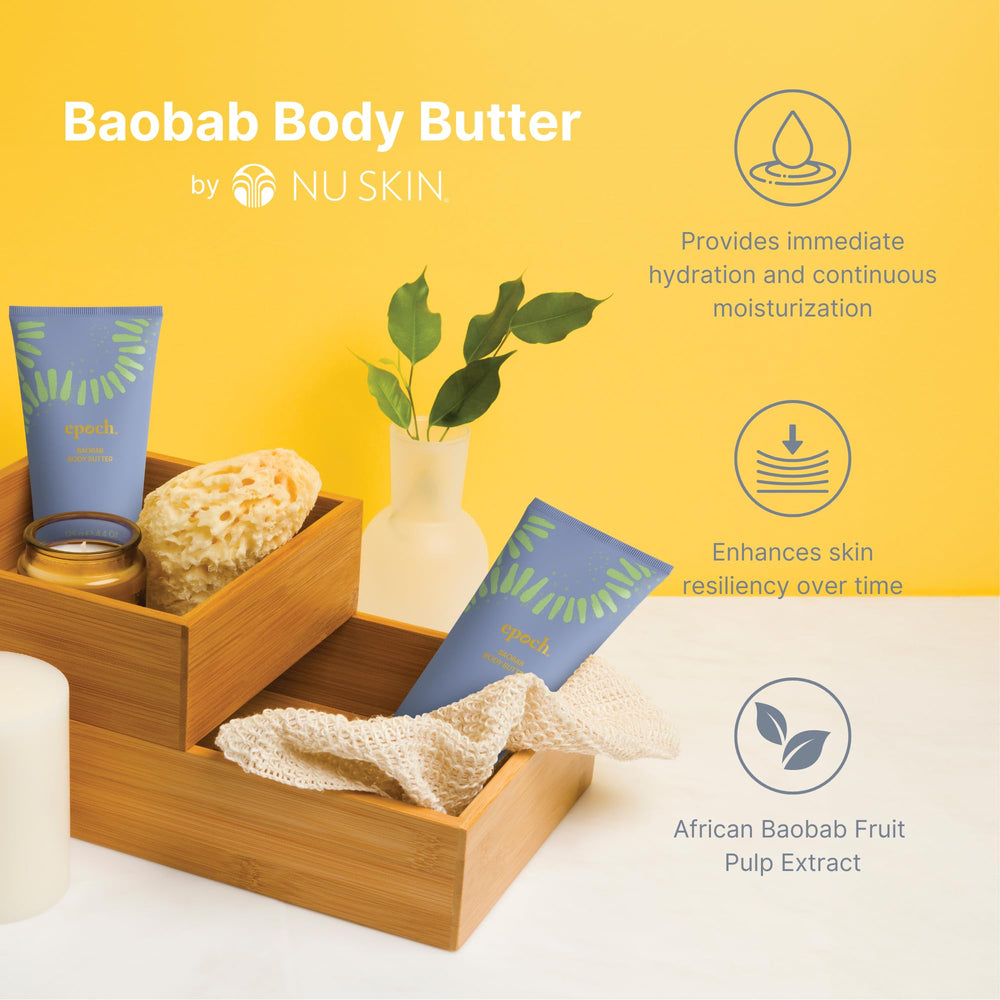 Nu Skin Epoch Baobab Body Butter label detail conveys ethnobotanical ingredients for skin care