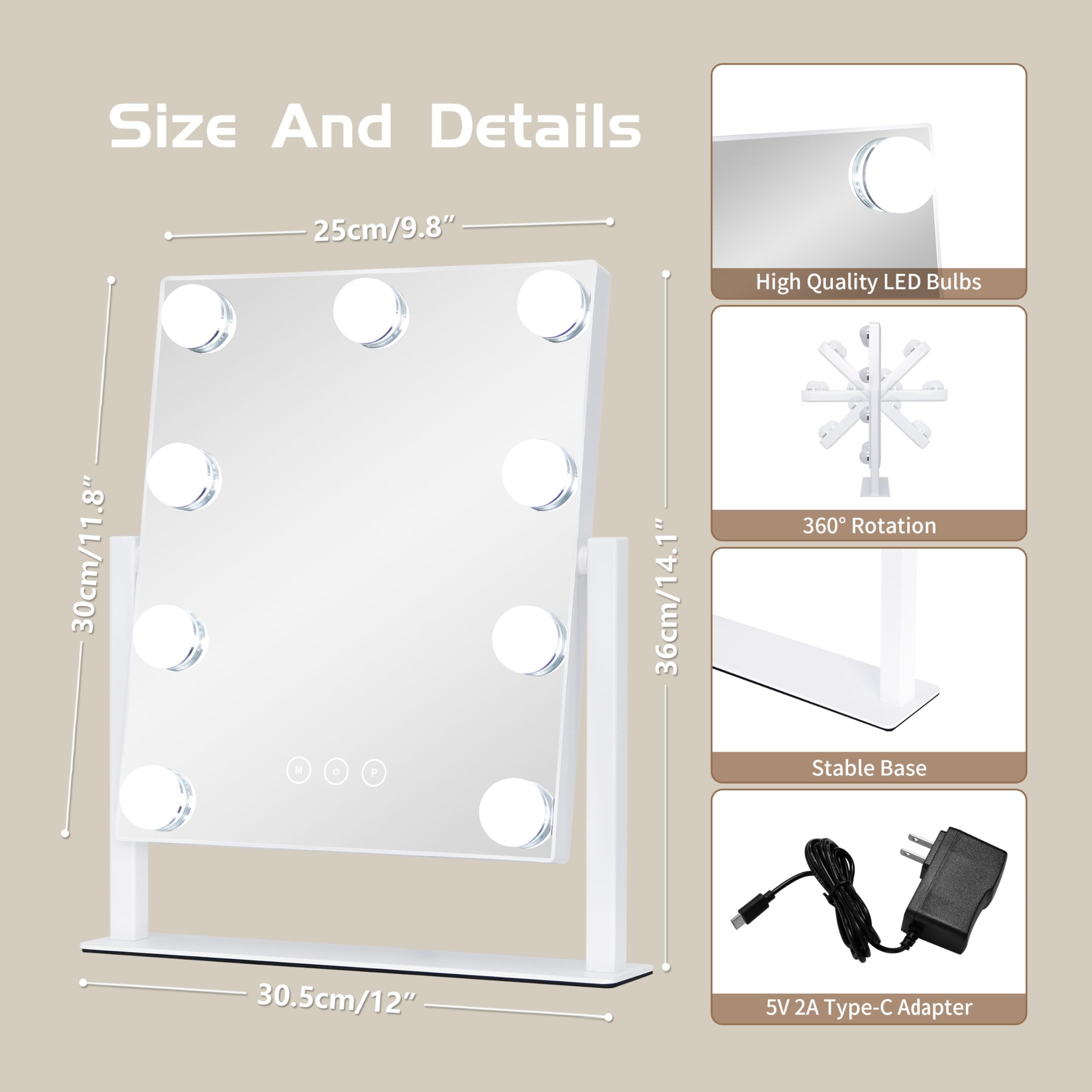 NUSVAN vanity mirror with lights 360° rotation for flexible viewing