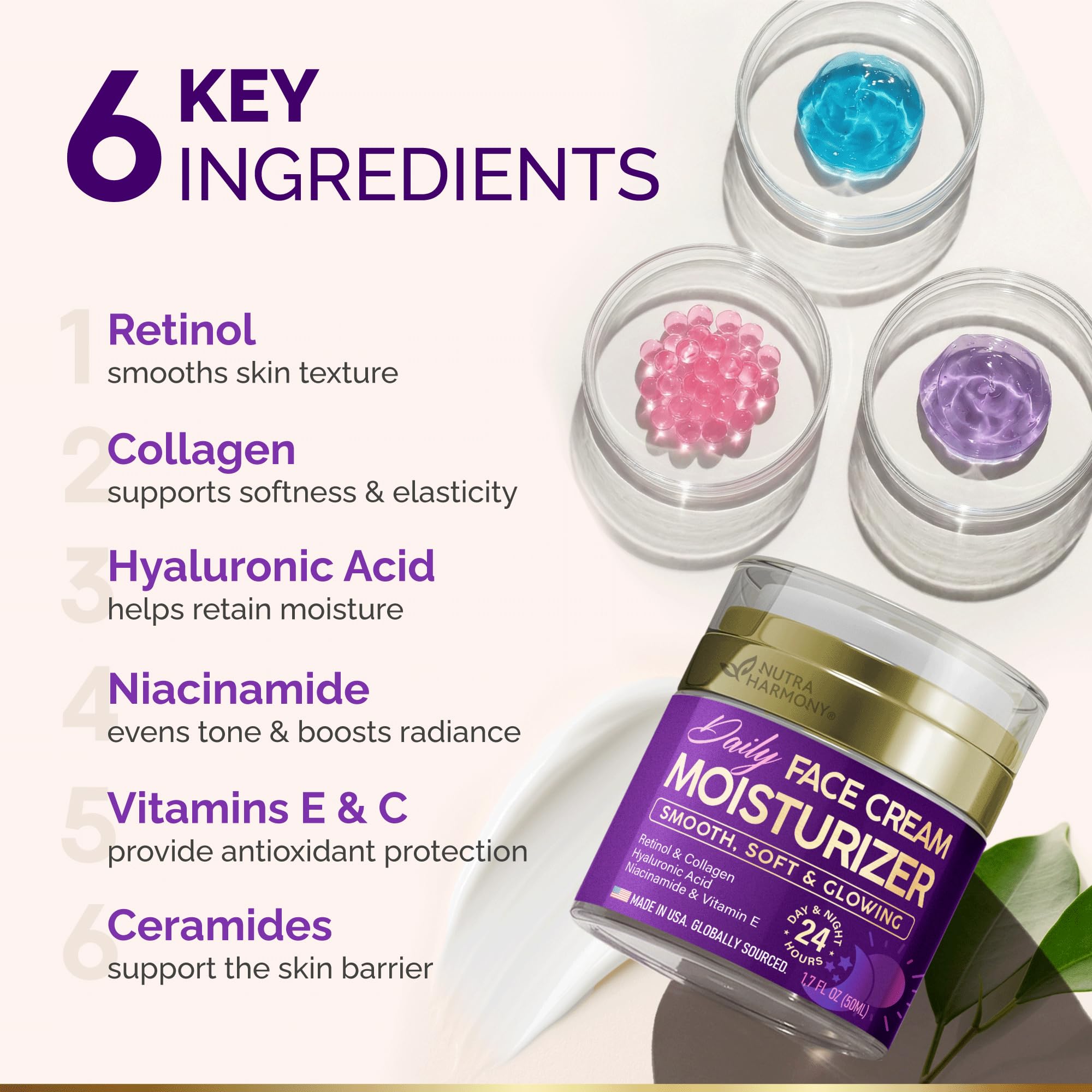 Nutraharmony crema facial con ácido hialurónico para hidratación profunda.