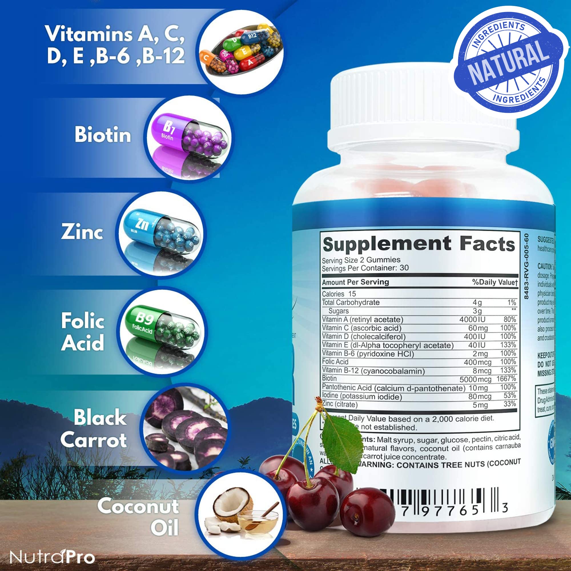 NutraPro Gominolas Pelo Largo, frente al frasco para uso diario.
