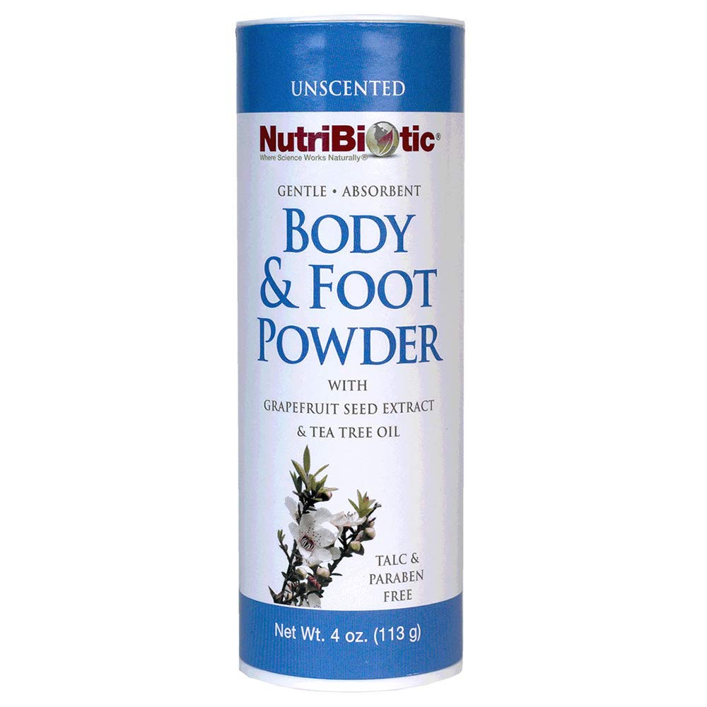NutriBiotic body and foot powder bottle for daily dryness management.