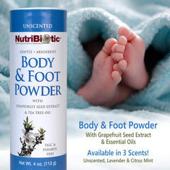 NutriBiotic formula featuring grapefruit seed extract and tea tree oil on display.