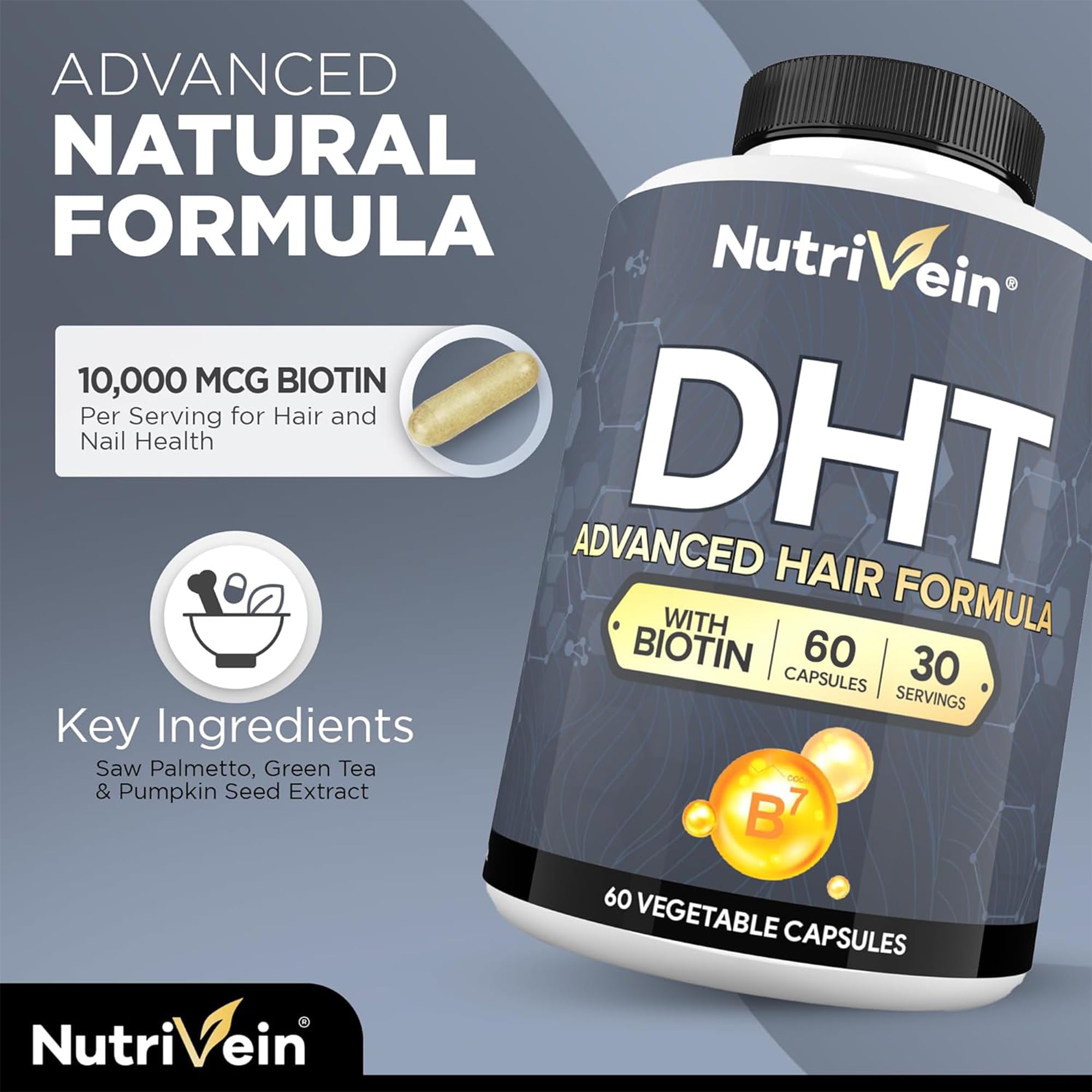 Cápsulas de Nutrivein DHT Blocker, forma rápida de incluir Biotina y extractos