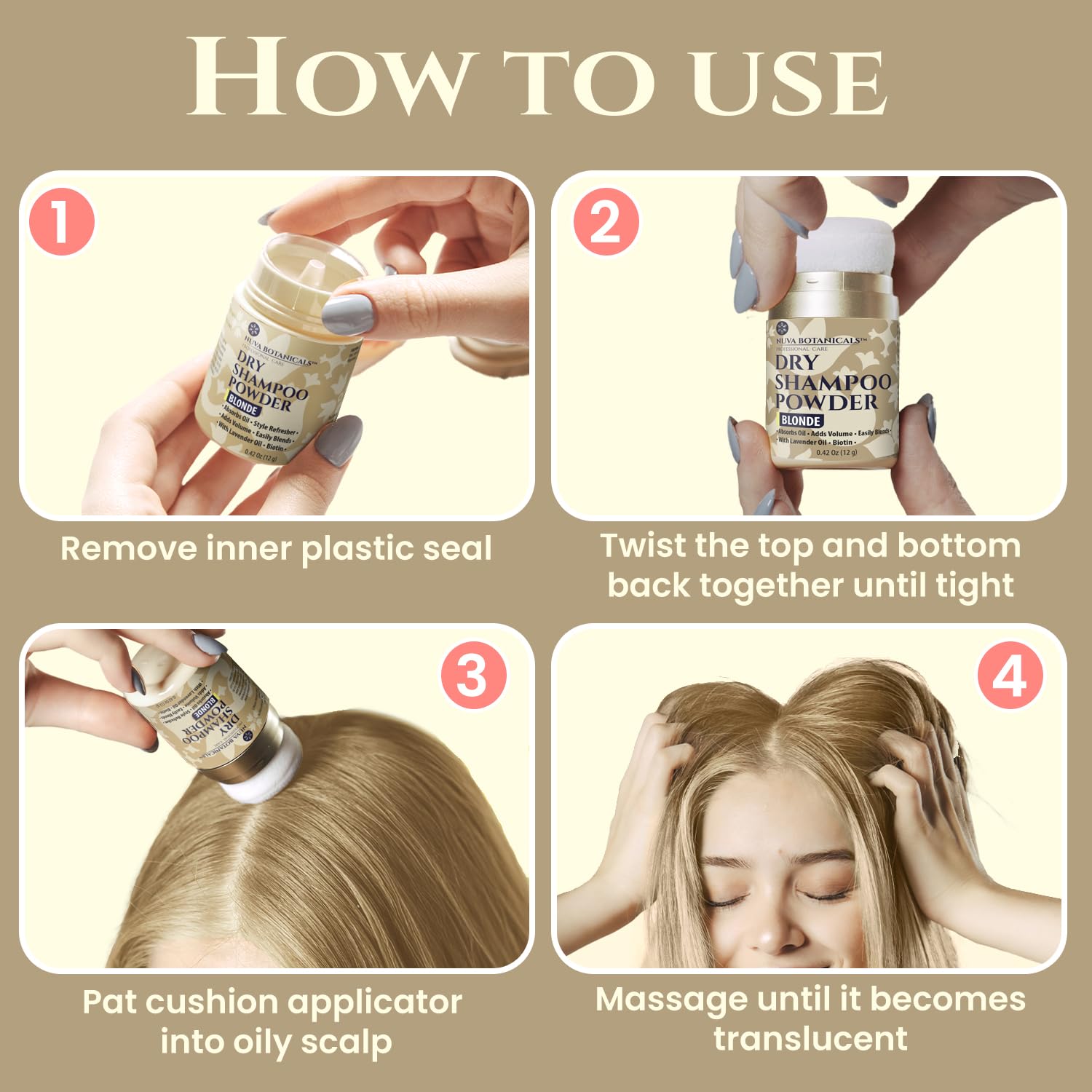 Nuva Botanicals Blonde Dry Shampoo powder with biotin for healthier-looking hair
