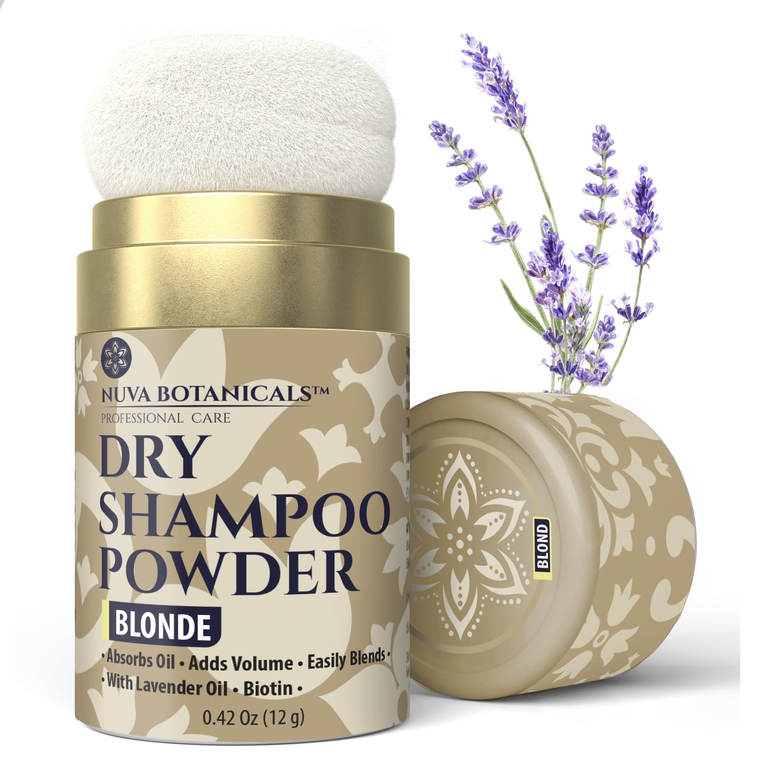 Nuva Botanicals Blonde Dry Shampoo powder with lavender scent for quick refresh between washes