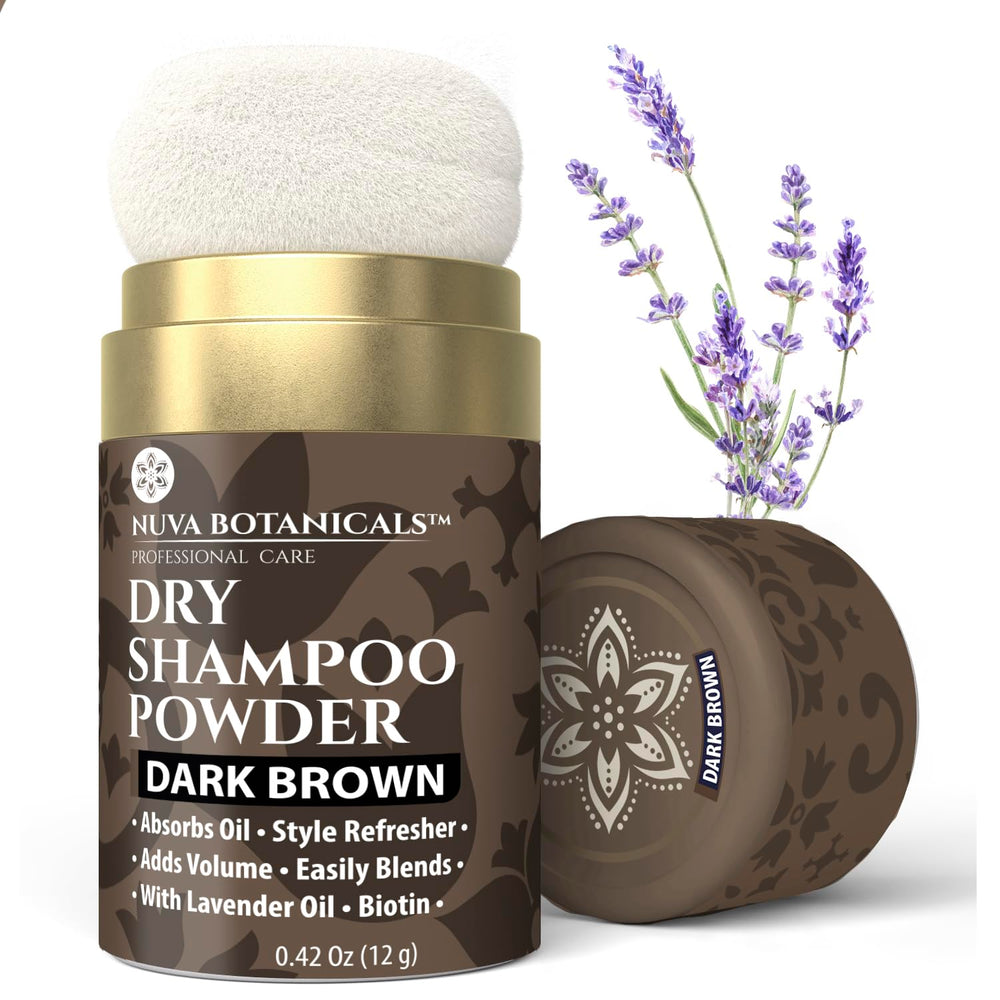 Nuva Botanicals dark brown dry shampoo powder blends with color and soaks up oil.