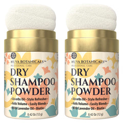 Nuva Botanicals non-aerosol dry shampoo powder bottle with lavender for quick refresh on the go.