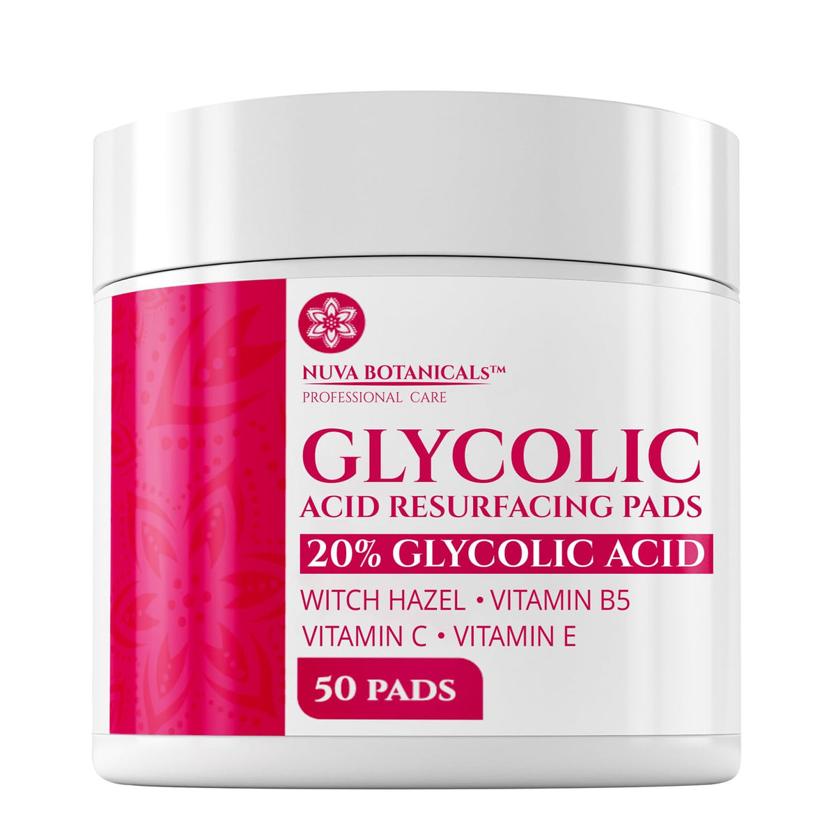 Nuva Botanicals discos de ácido glicólico al 20% para rostro, exfoliación suave.