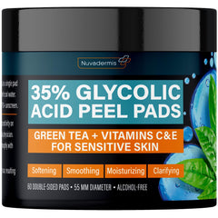 NUVADERMIS glycolic peel pads packaging shown for a clean at-home routine with gentle exfoliation.