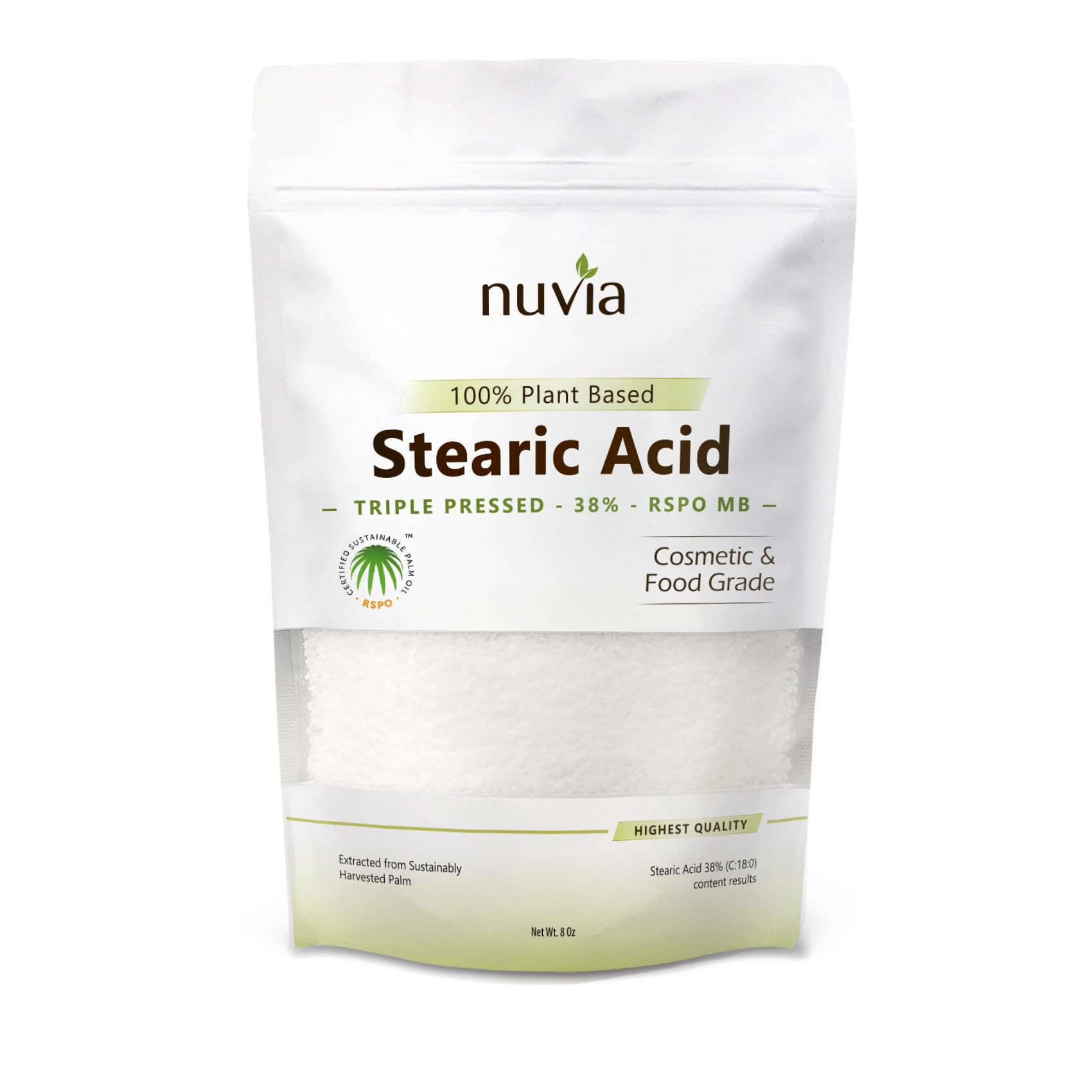 Nuvia Organics Stearic Acid granules for soaps, candles, and cosmetic formulations.
