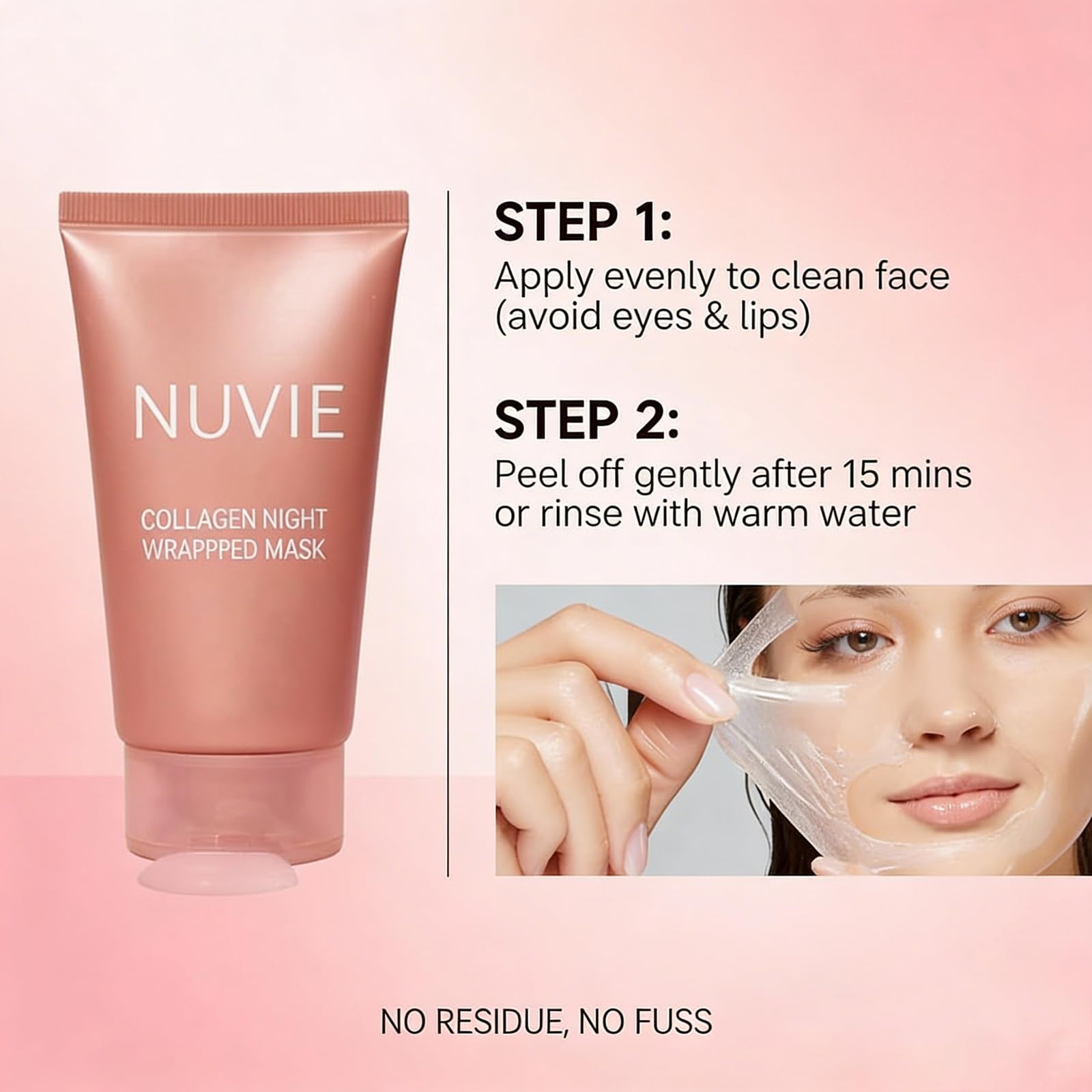 Nuvie Collagen Mask applied on clean skin for a refreshed look.