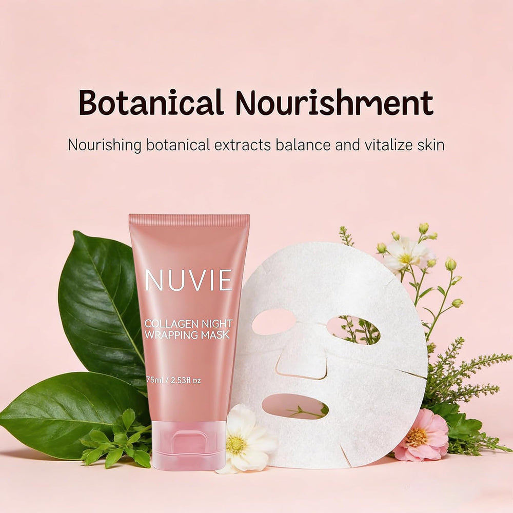 Nuvie Collagen Overnight Mask application on clean skin for hydration.