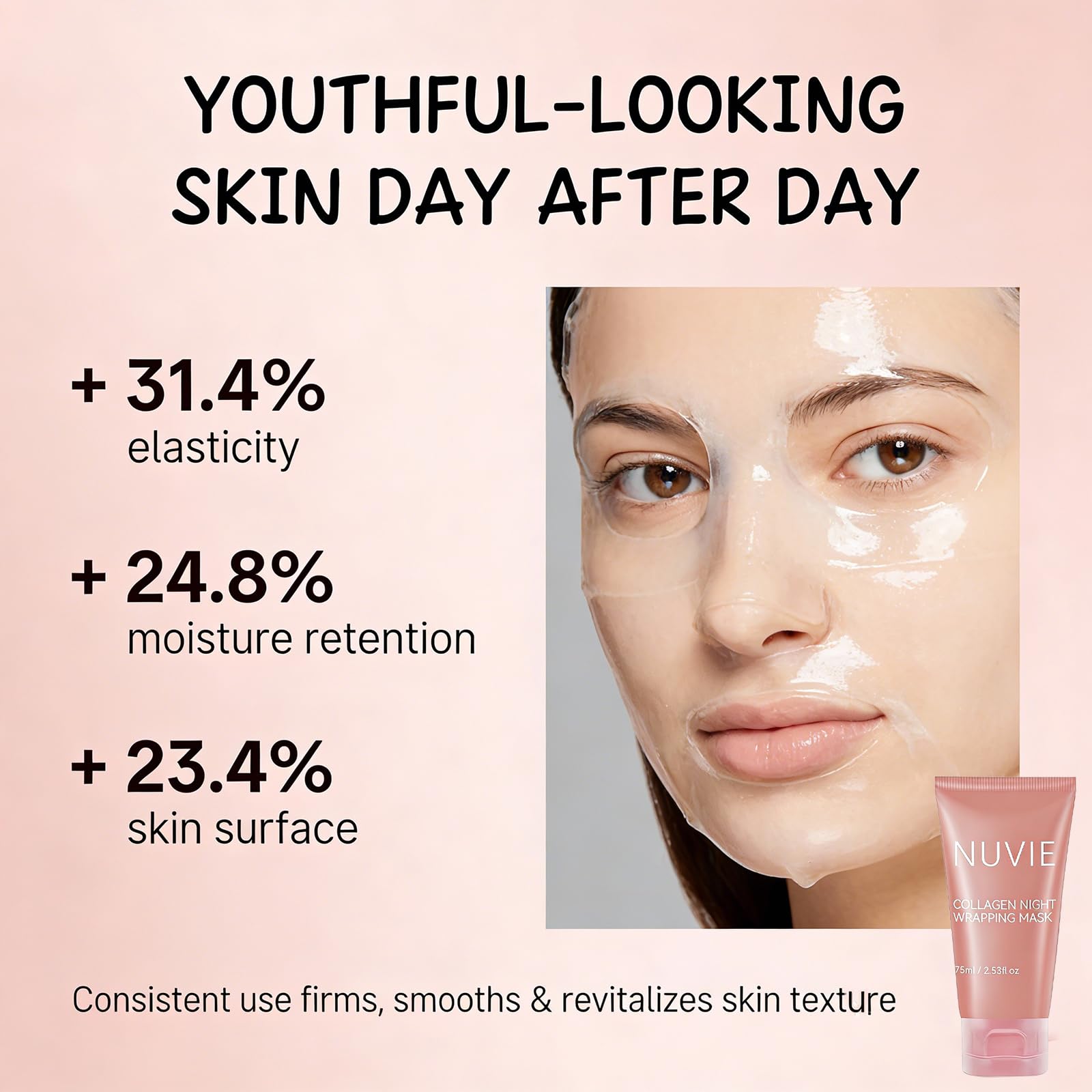 Nuvie Collagen Overnight Mask bottle highlights hydrolyzed collagen.