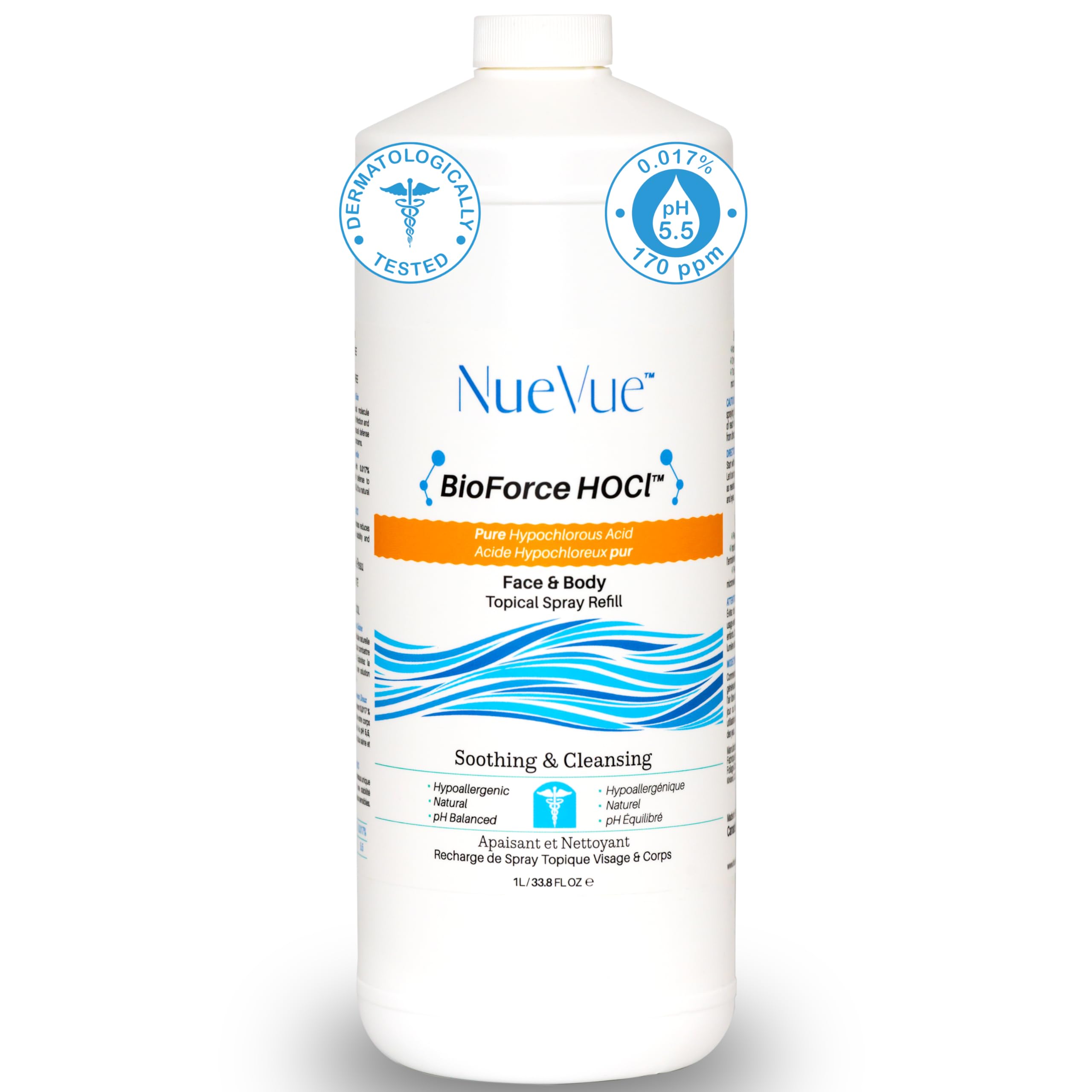 NueVue BioForce HOCl 1L refill bottle for long-lasting skin refresh.