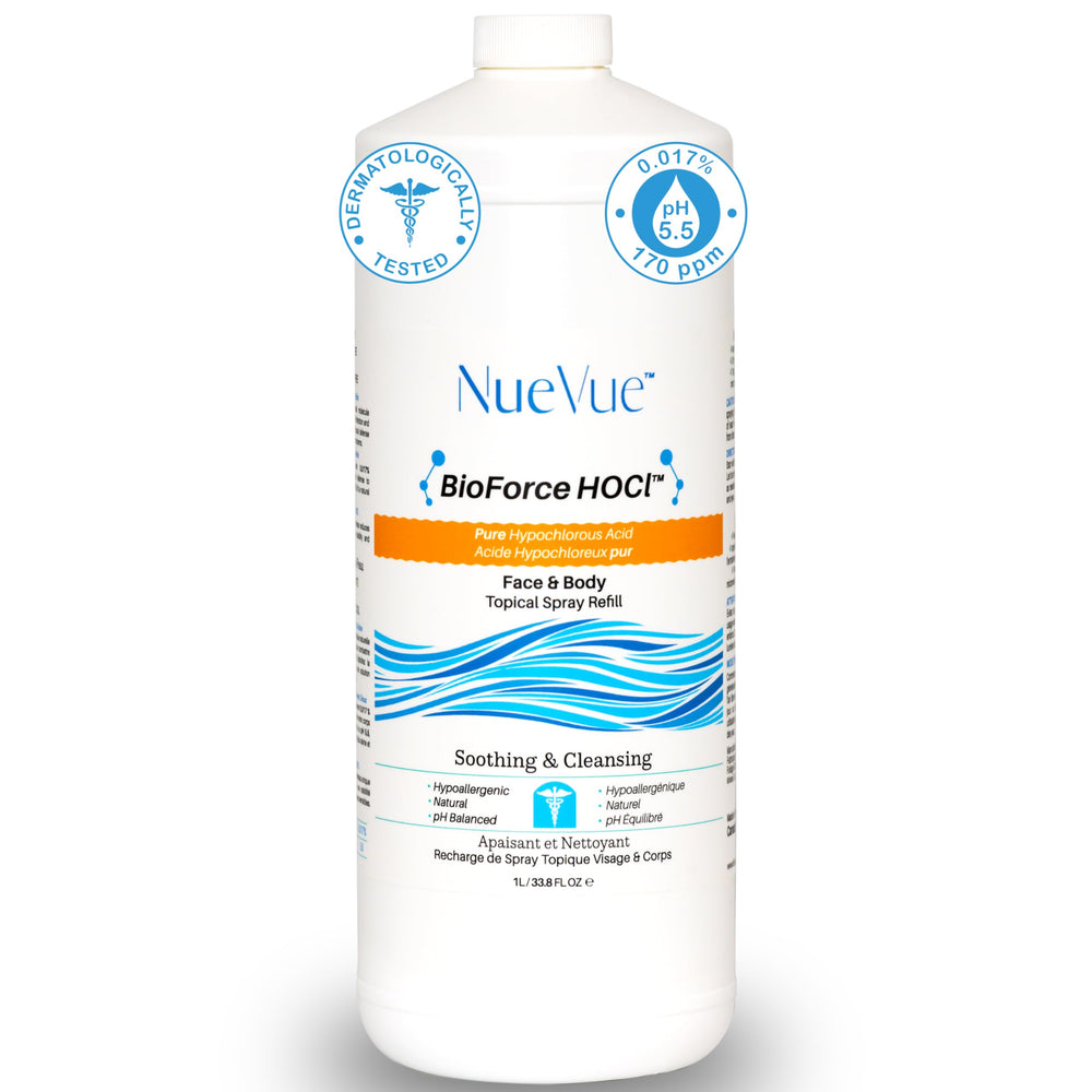 NueVue BioForce HOCl 1L refill bottle for long-lasting skin refresh.