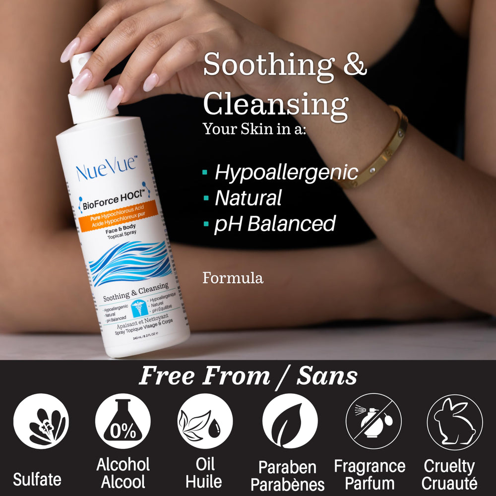NueVue BioForce HOCl refill ingredient icons emphasize a simple formula.