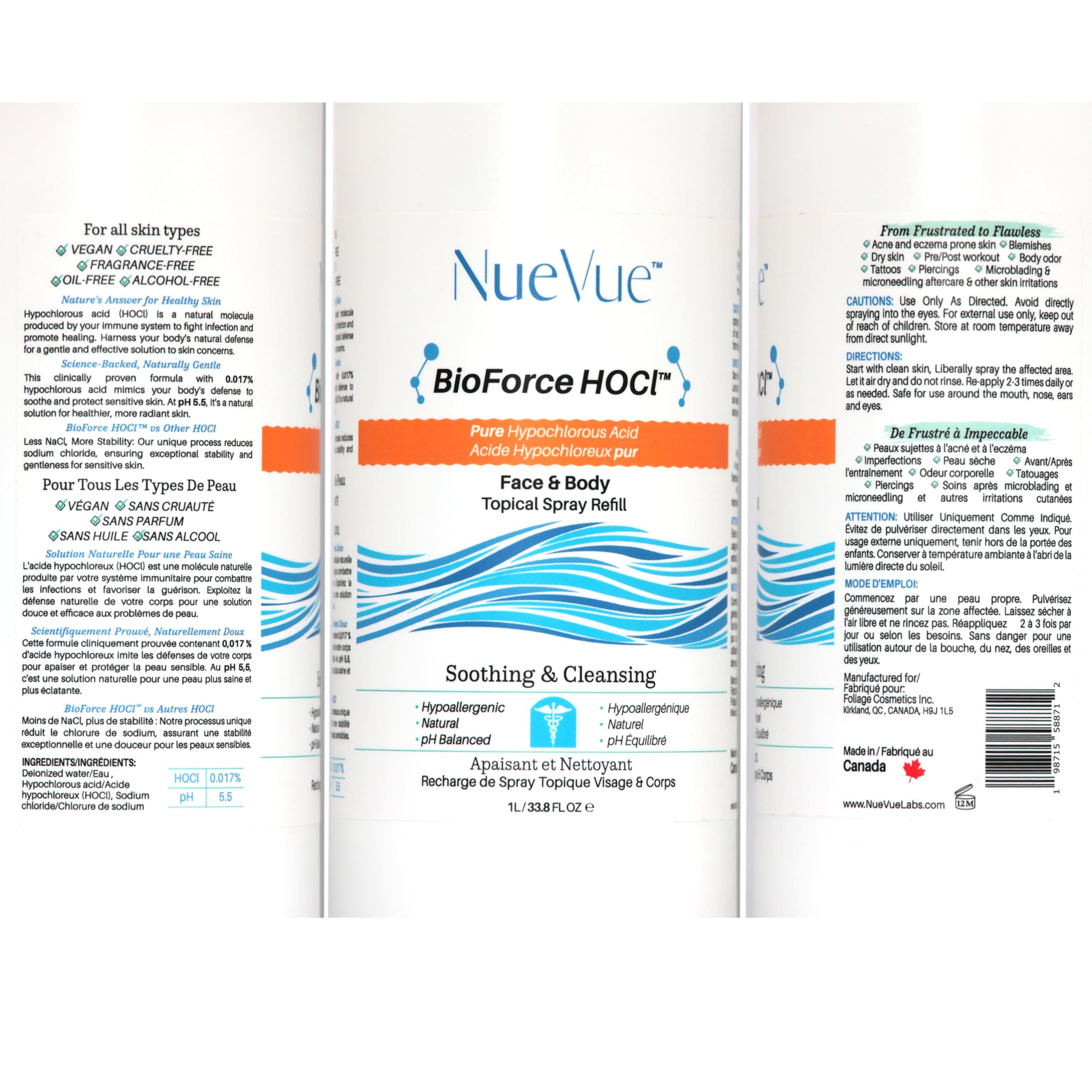 NueVue BioForce HOCl refill label indicating made in Canada origin.
