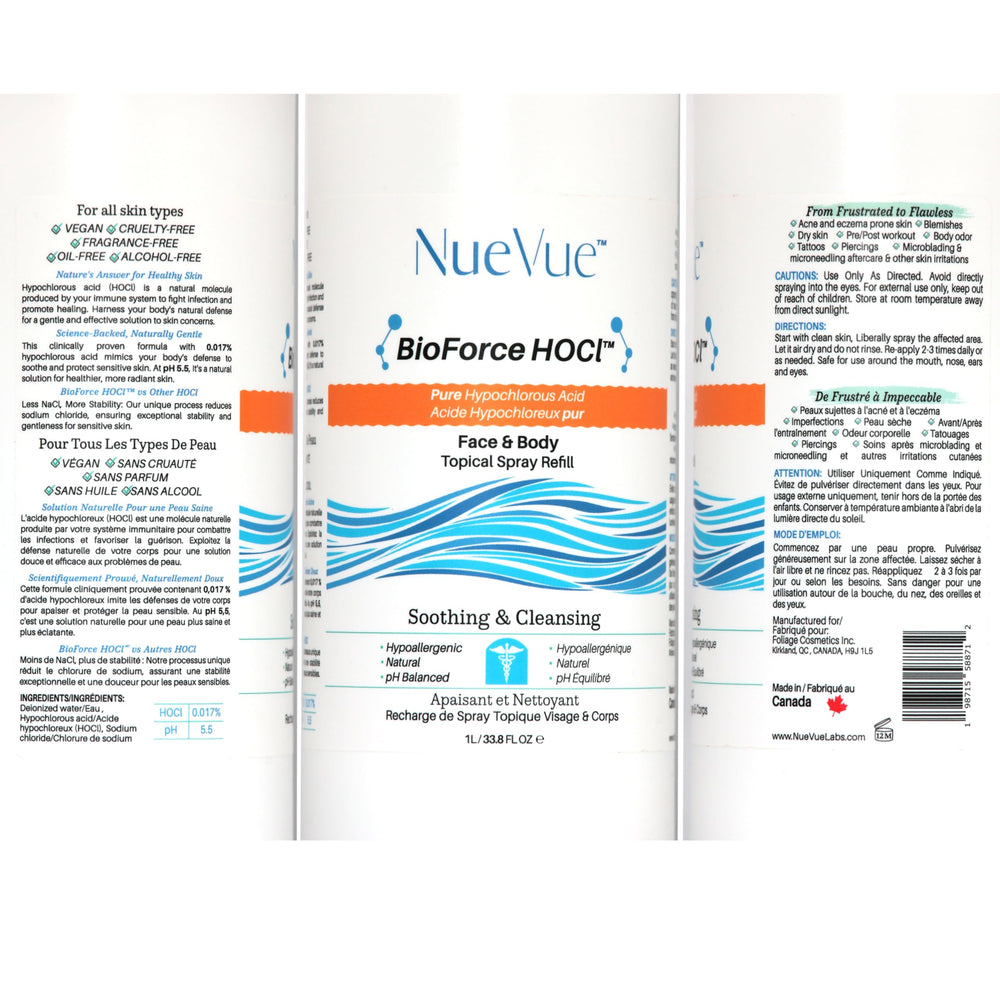 NueVue BioForce HOCl refill label indicating made in Canada origin.