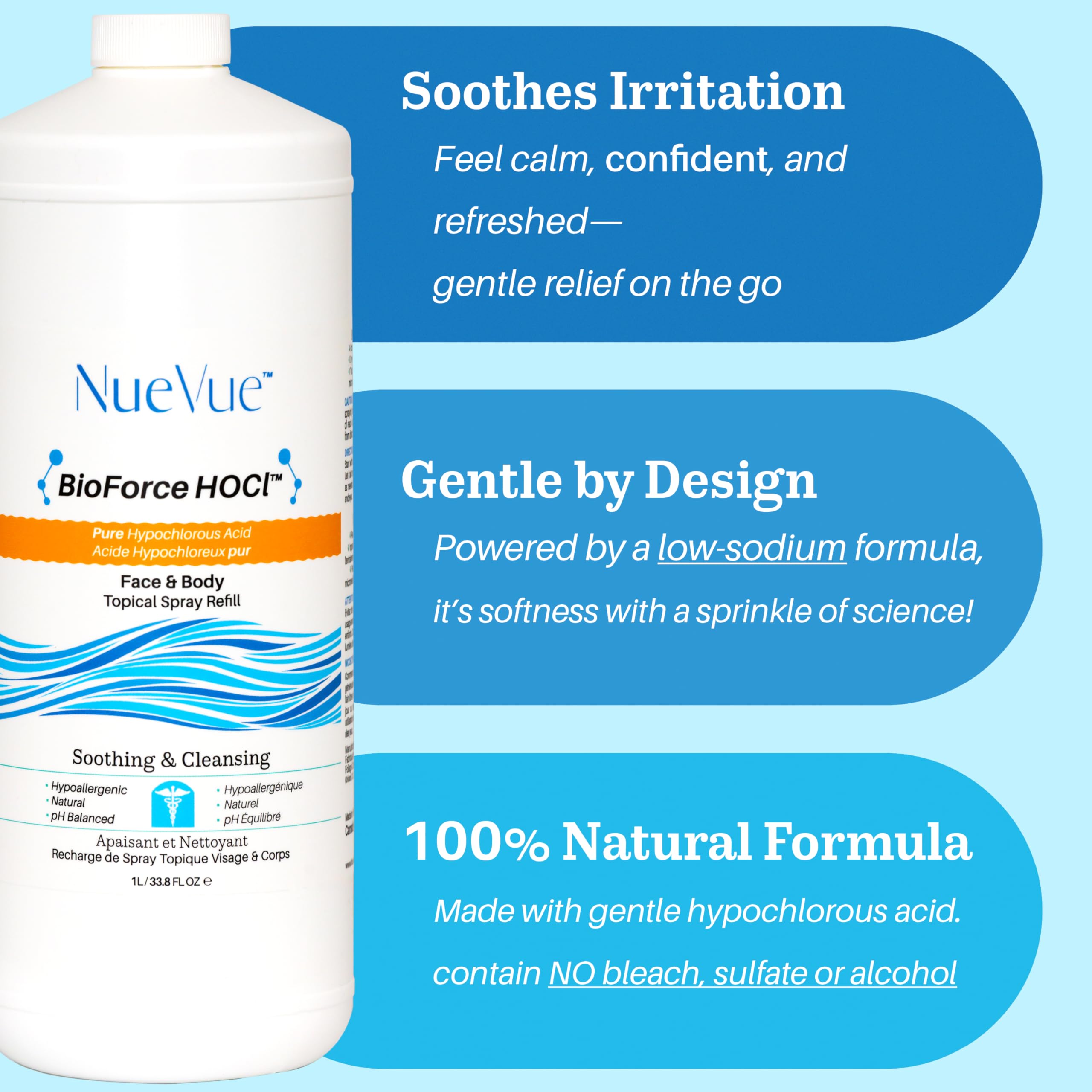 NueVue BioForce HOCl refill packaging box highlights eco-friendly design.