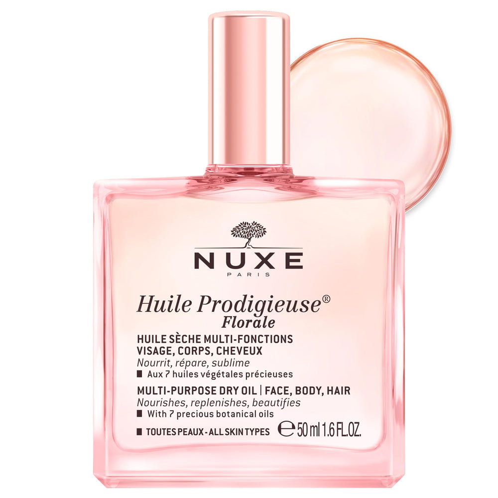 Nuxe Huile Prodigieuse Floral bottle shows multi-use hydration for skin, hair, and body.