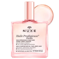 Nuxe Huile Prodigieuse Floral bottle shows multi-use hydration for skin, hair, and body.