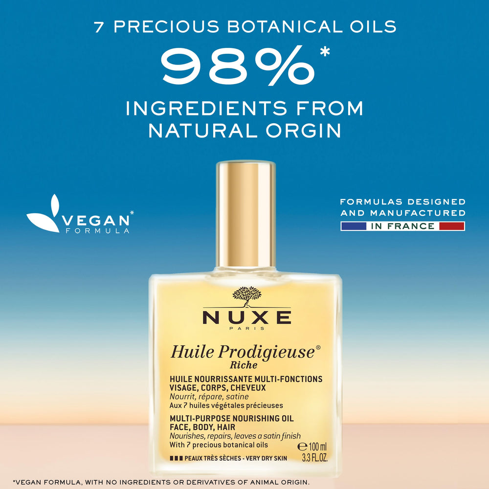 Nuxe Huile Prodigieuse Riche applied to the face for satin-smooth finish