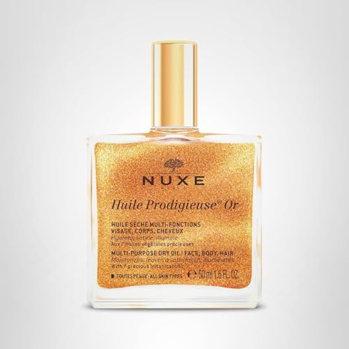 Nuxe Huile Prodigieuse Shimmer bottle on vanity emphasizing multi-use glow