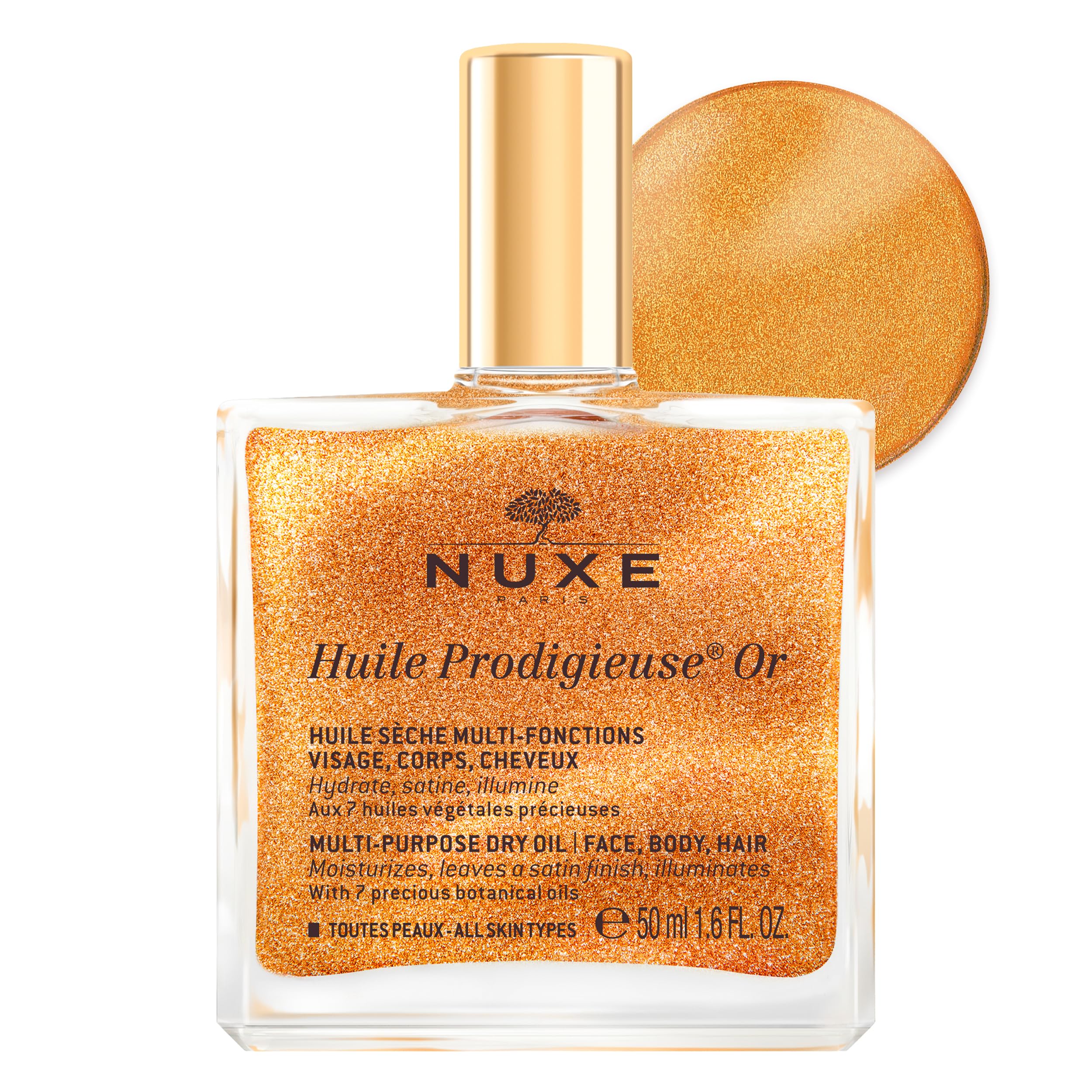 Nuxe Huile Prodigieuse Shimmer bottle with pearly particles for radiant skin and hair