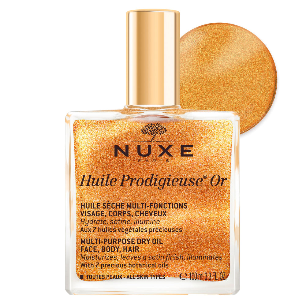 Nuxe Huile Prodigieuse Shimmer on the face for radiant glow and hydration.