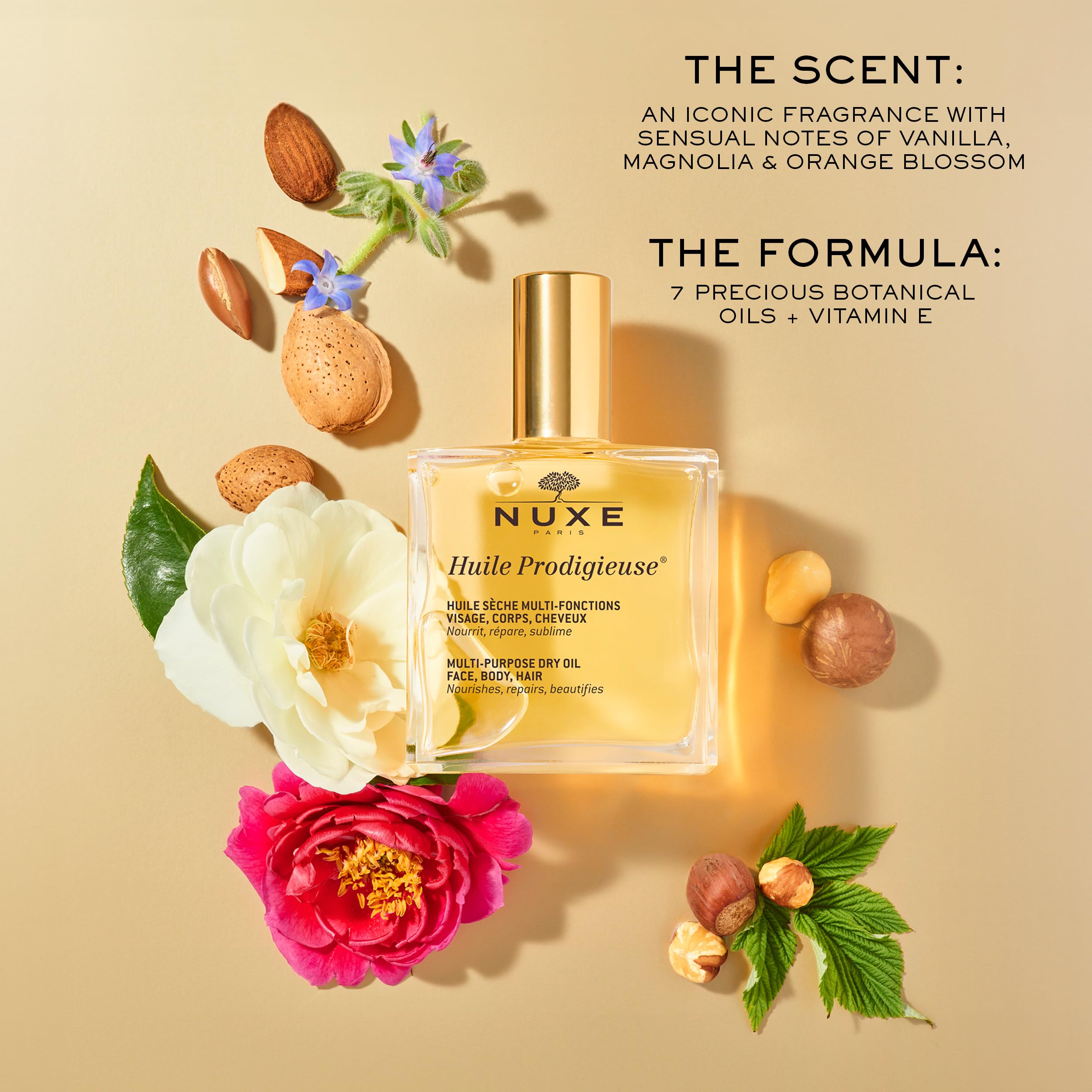 Nuxe Prodigieuse seven-oil blend showcases natural ingredients in action.
