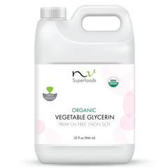 NV Superfoods Organic Vegetable Glycerin bottle pour shows a clear, odorless base for skin and crafts.