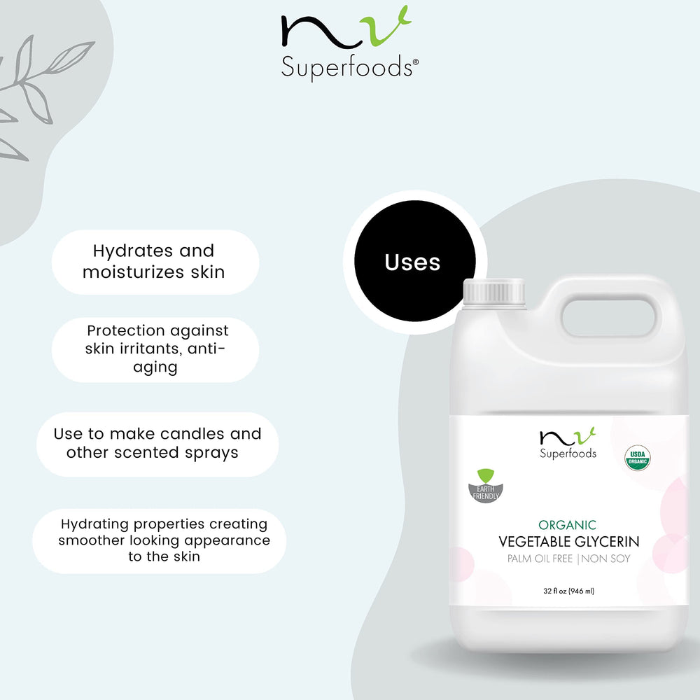 NV Superfoods glycerin ingredients label highlights 1-ingredient, organic, palm-free purity for gentle use.