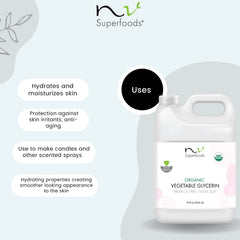 NV Superfoods glycerin ingredients label highlights 1-ingredient, organic, palm-free purity for gentle use.