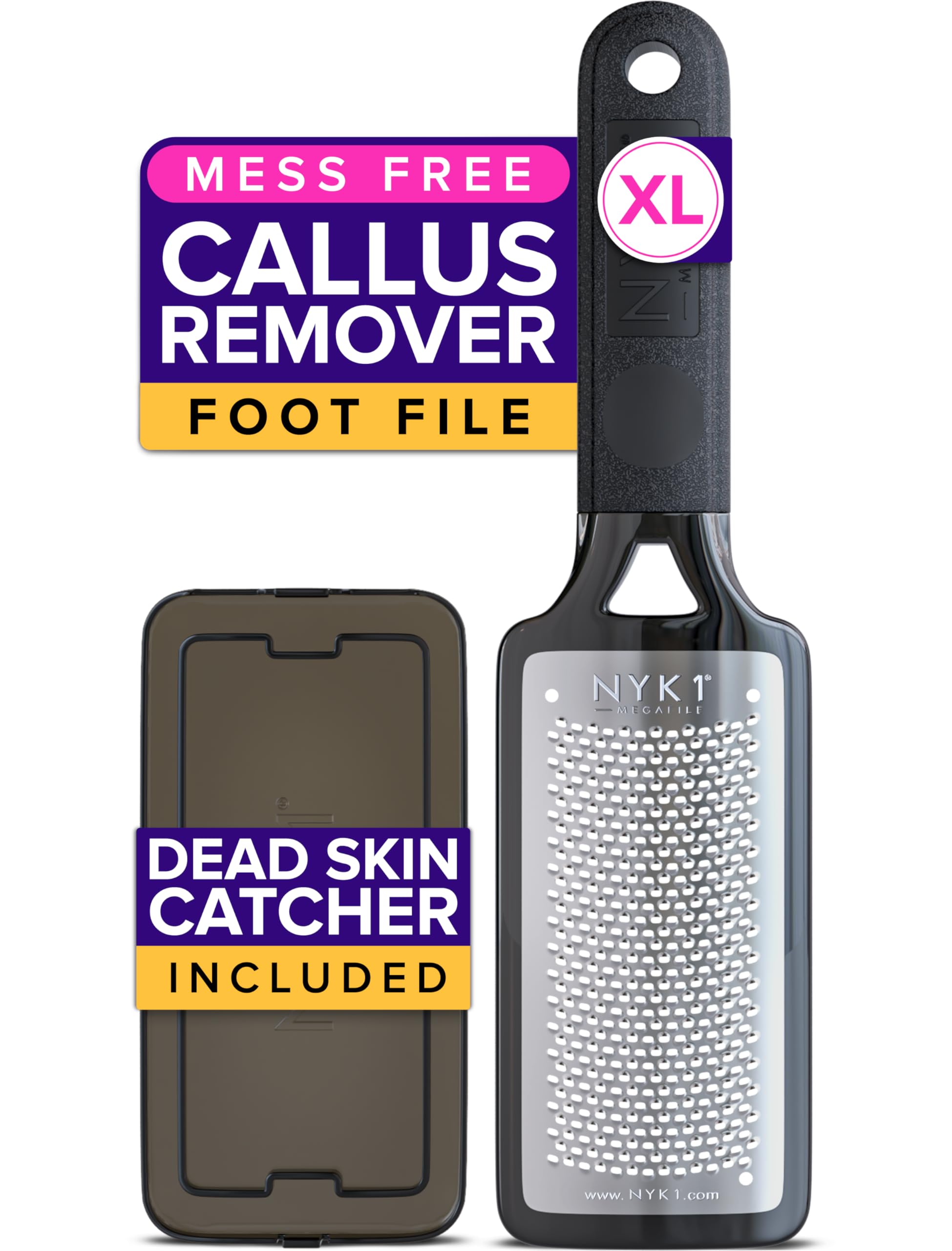 NYK1 MegaFile rustproof foot file with catcher for mess-free callus removal.